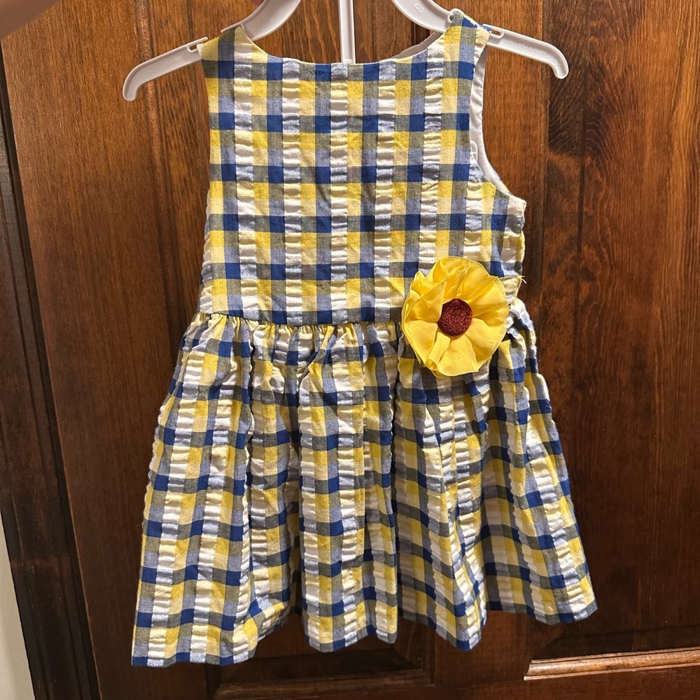Marmellata Yellow and Blue plaid Dress with Sunflower